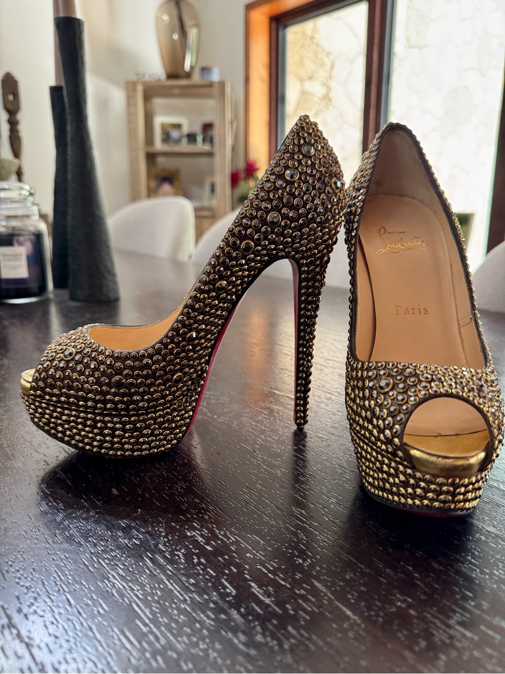 Christian Louboutin Lady Peep Toe Swarovski Studded Platform Stiletto Pumps